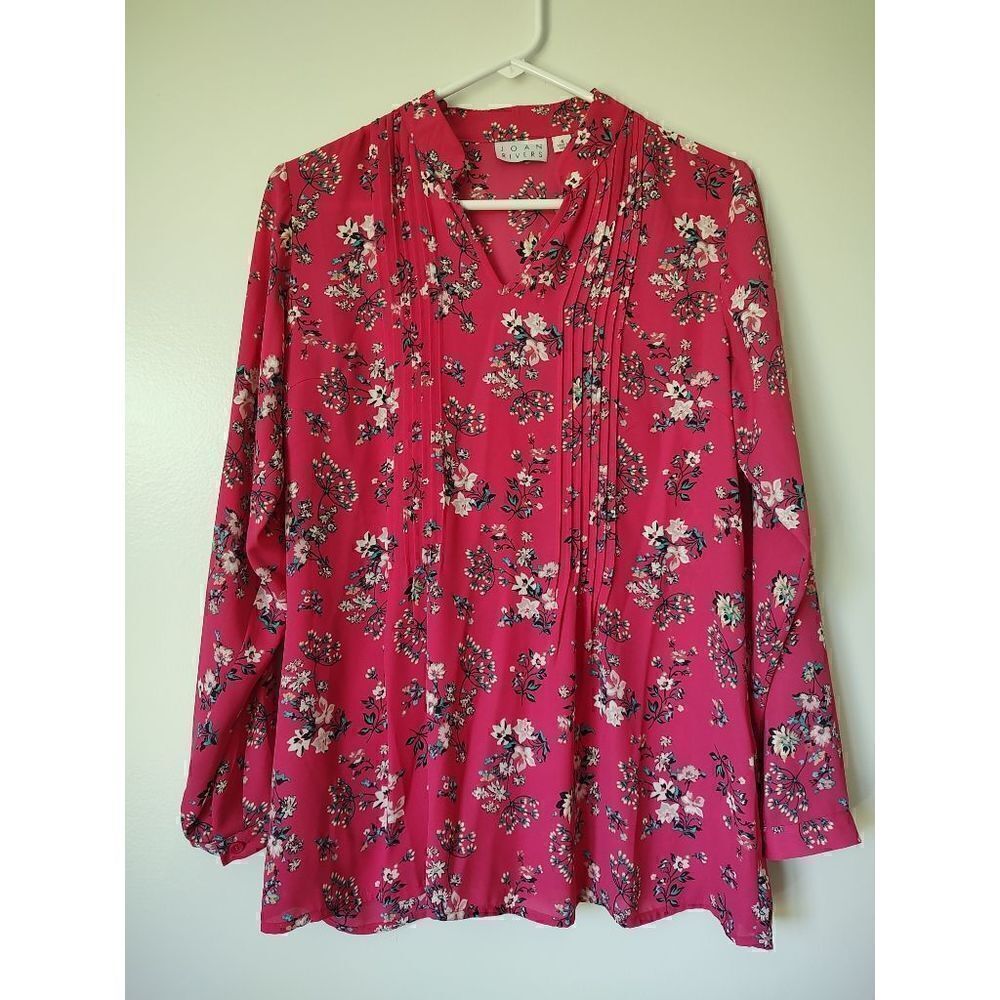 Joan River Womens Size 4 Semi Sheer Bright Pink Floral Pintuck V Neck Blouse Top